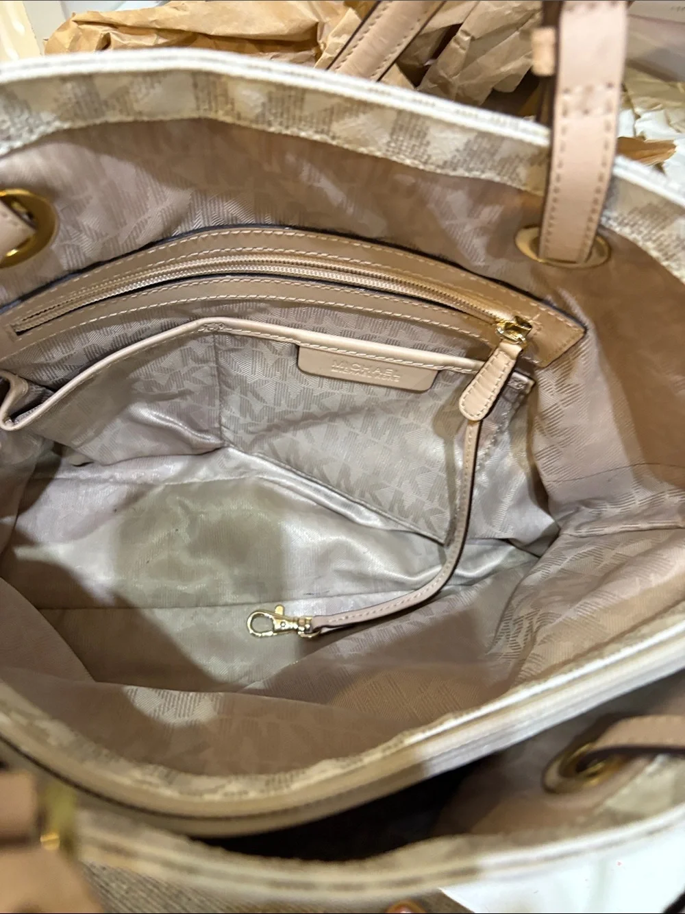Michael Kors Ivory/Taupe Signature MK Tote with Leather Straps